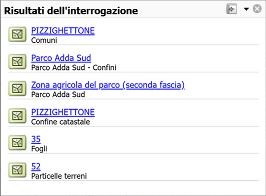 pannello risultati dell'interrogazione